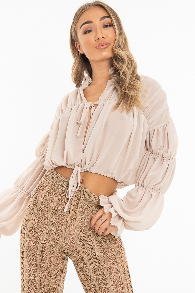 Beige Chiffon Balloon Sleeve Crop Tie Front Blouse - Amelia