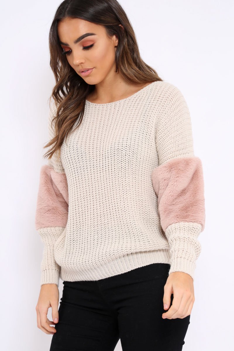 Beige Chunky Knit Jumper with Rose Fur Sleeve - Kimberly