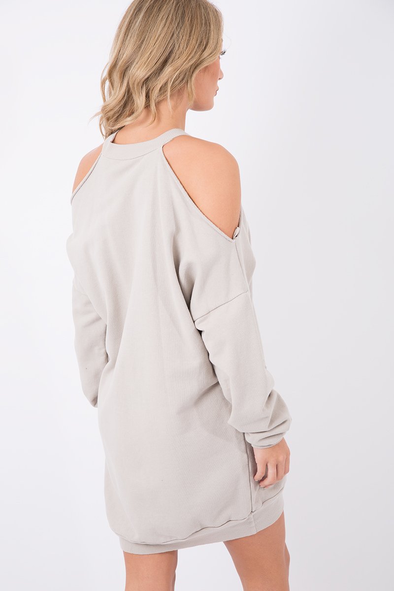 Beige Cold Shoulder Distressed Jumper Dress - Kylie