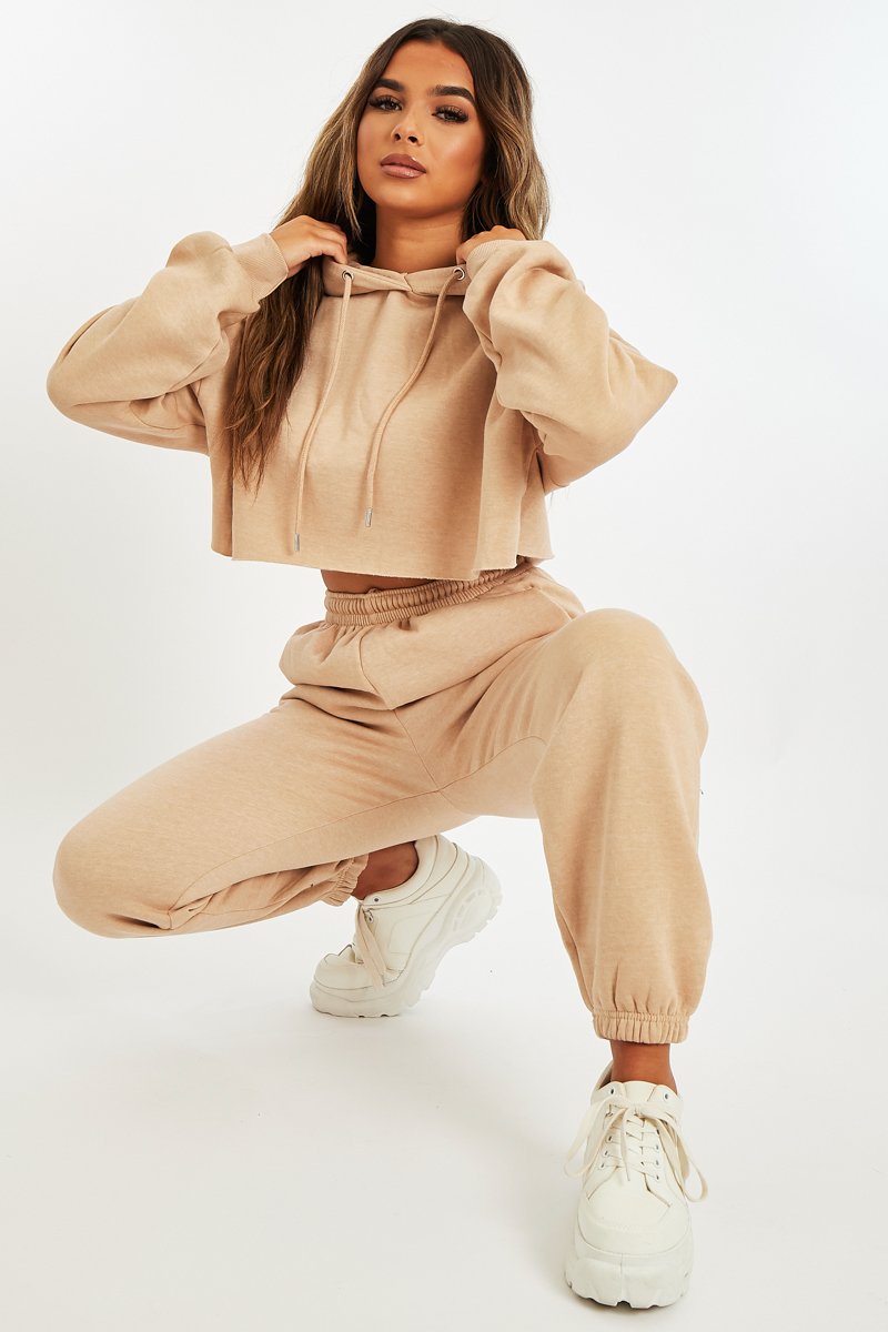 Beige Cropped Oversized Hoodie and Joggers Co-ord - Karenza