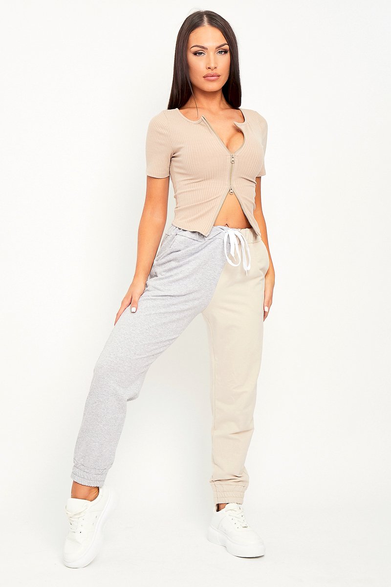 Beige Half Grey Elasticated Waist Joggers - Dasha