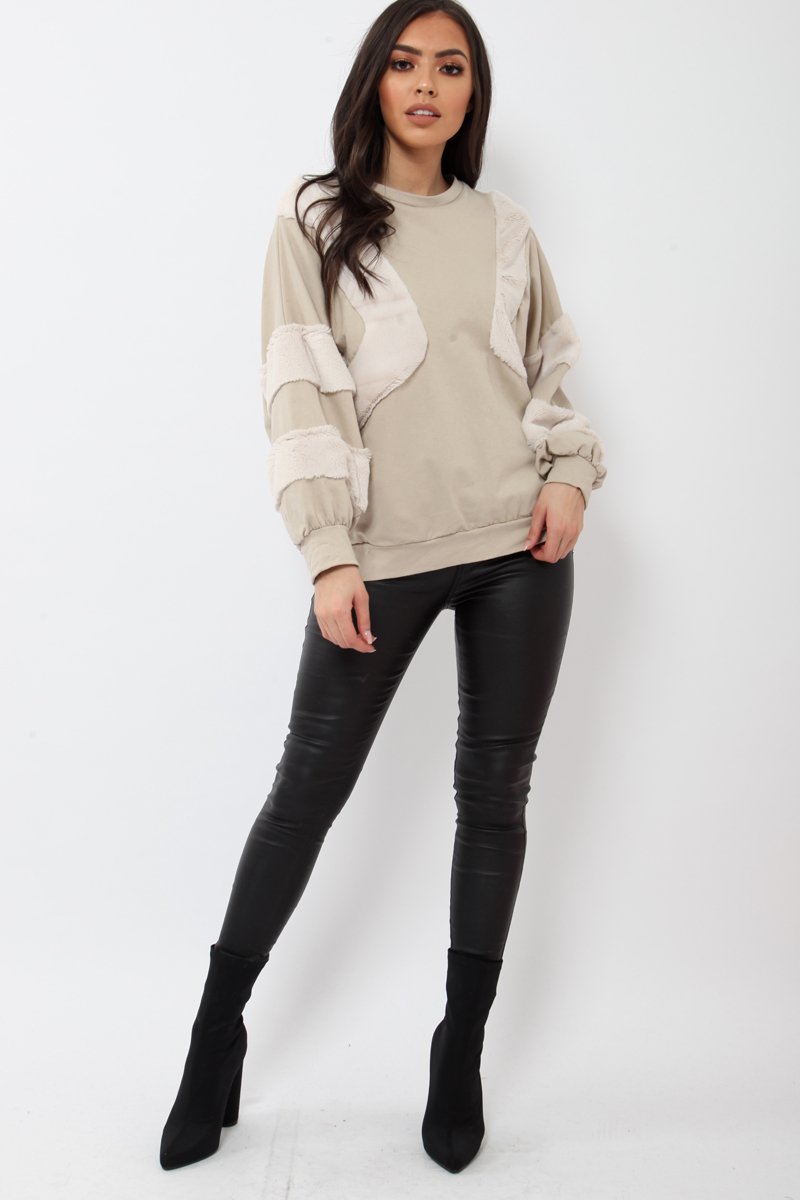 Beige Jumper with Fur on Front and Sleeves - Mercedes