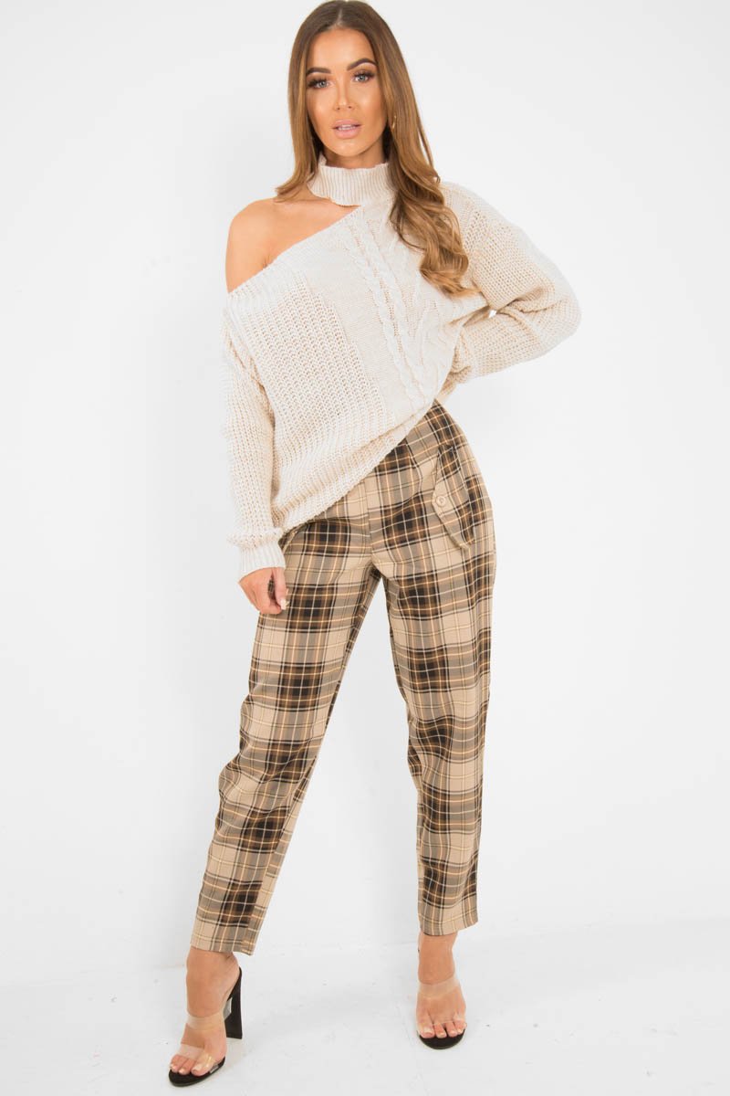 Beige Knitted Slash Neck Off Shoulder Jumper - Hazel