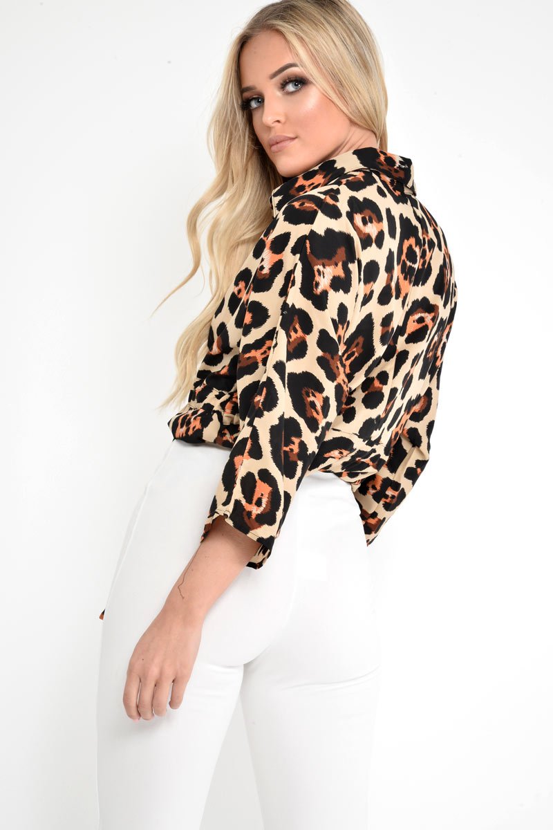 Beige Leopard Tie Front Button Down Blouse - Janiylah