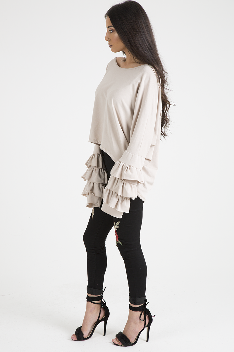 Beige Oversized Frill Sleeve Top - Connie