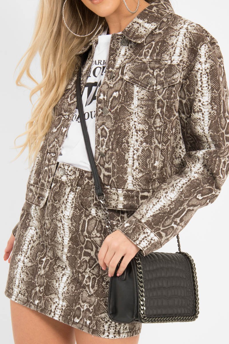 Beige Snake Print Crop Denim Jacket - Bernice