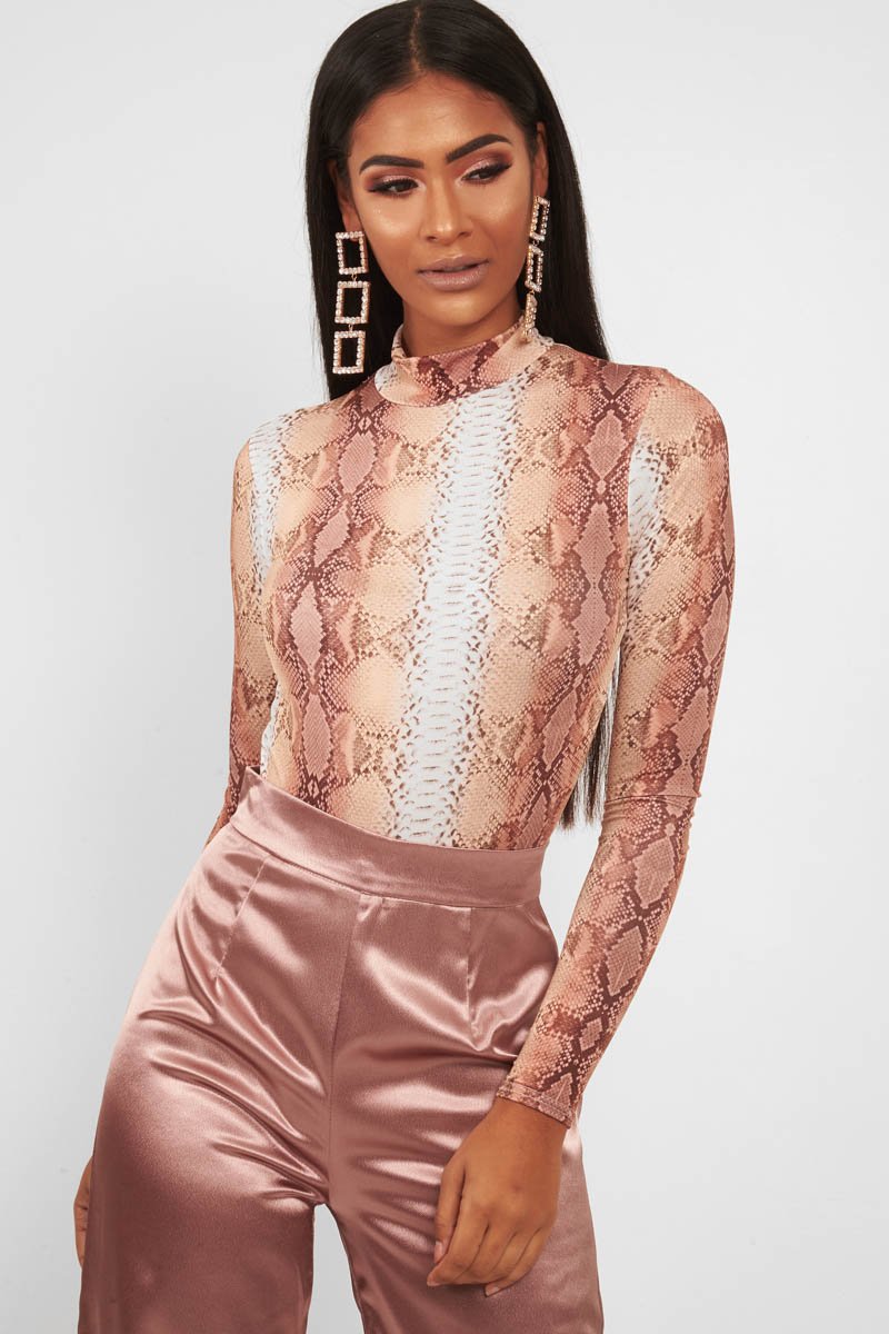 Beige Snake Print Slinky High Neck Bodysuit - Abira