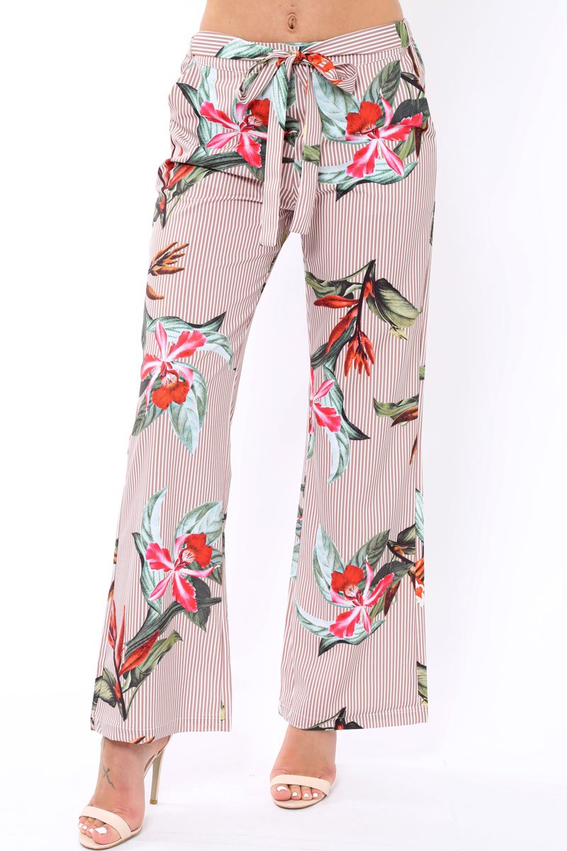 Beige Stripe trousers with floral print - Venice