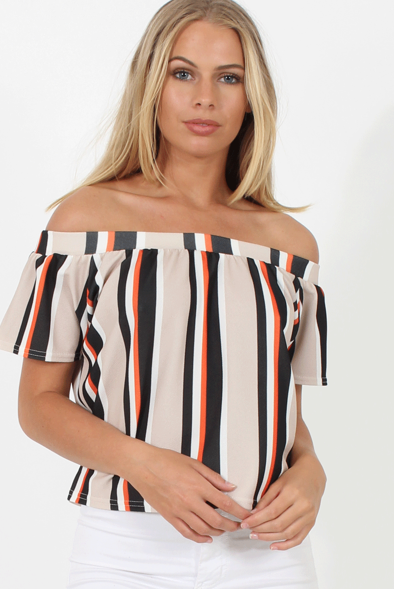 Beige Striped Bardot Top - Victoria