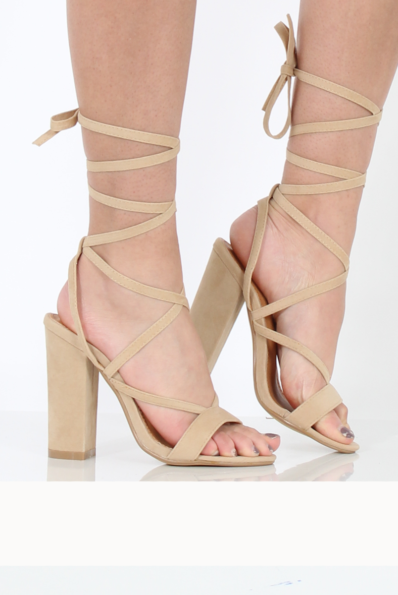 Beige Suede Lace Up Block Heels - Ruby