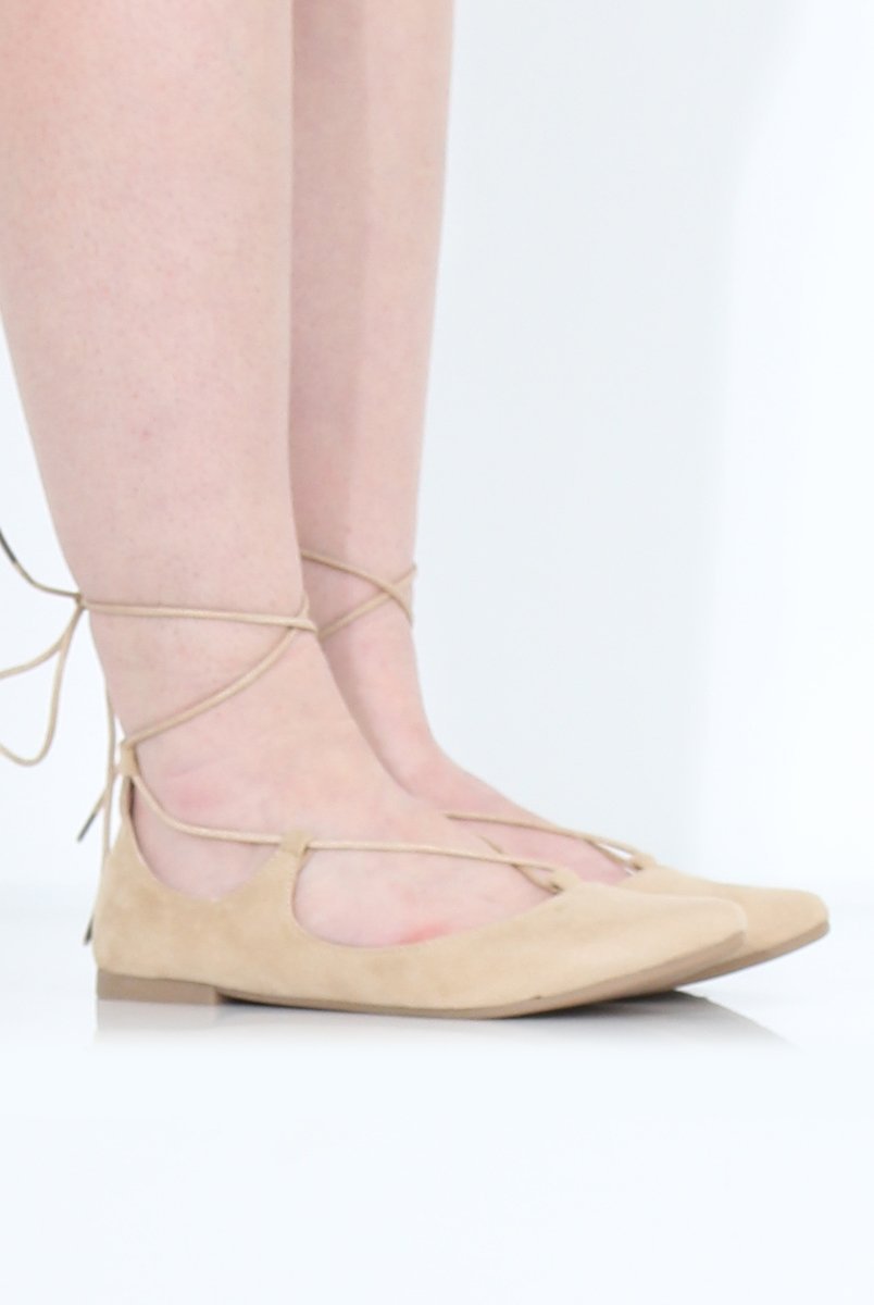 Beige Suede Lace Up Flats - Nina