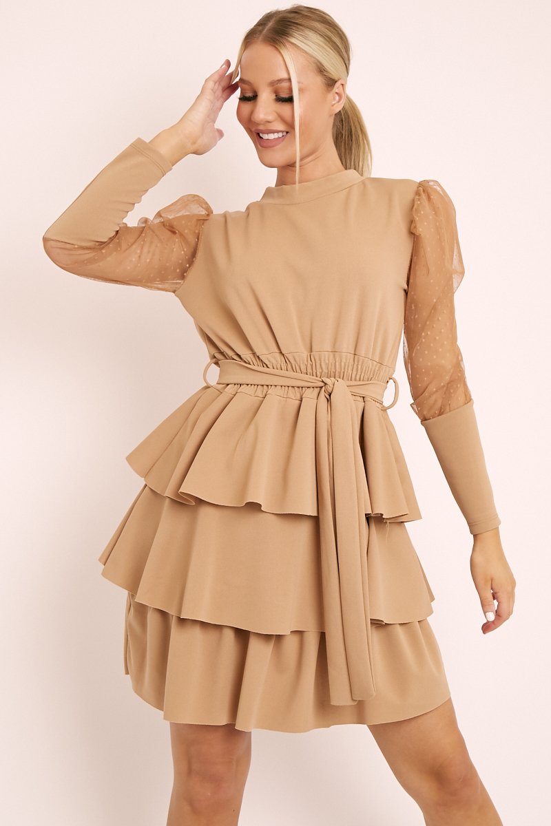 Beige Tiered Skirt Belted Dress - Cassia - One Size
