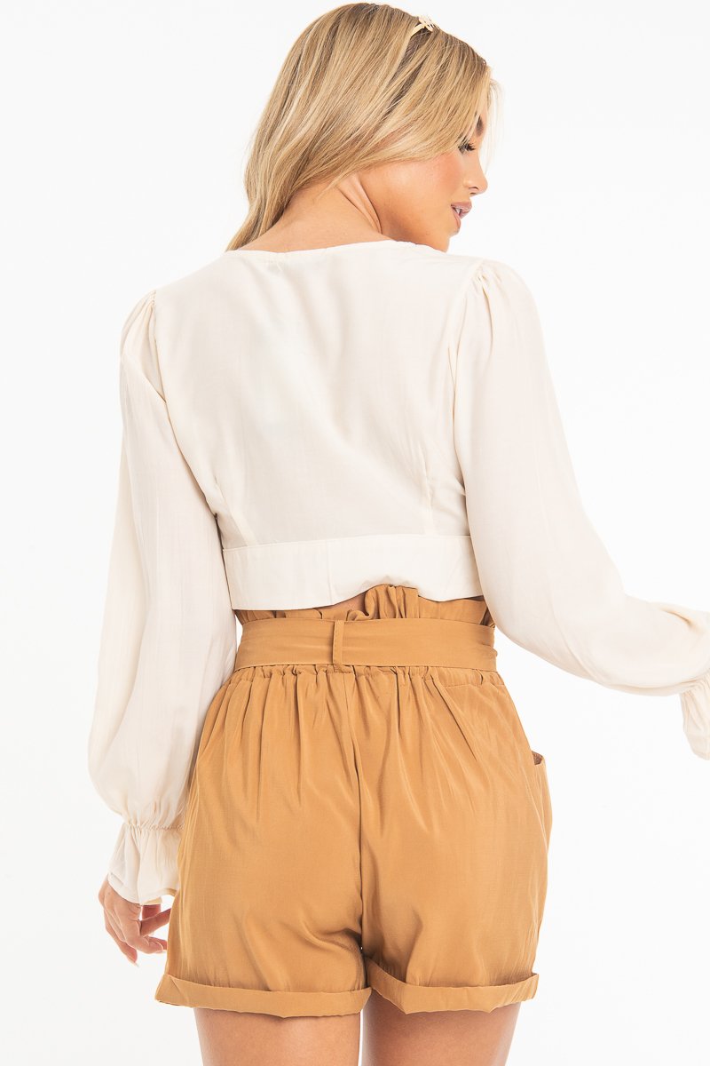 Beige Woven Plunge Button Front Crop Blouse - Katerina