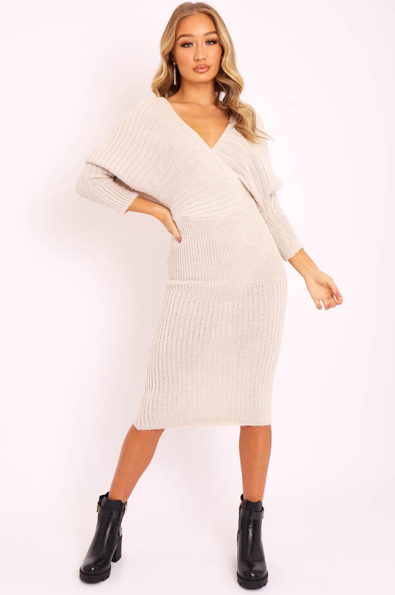 Beige Wrap Front Knit Midi Dress - Edan