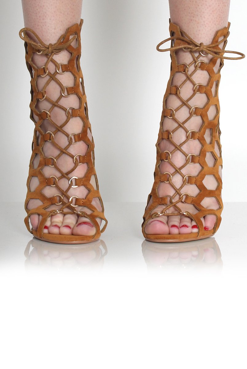 Bella Tan Suede Caged Lace Up Heels