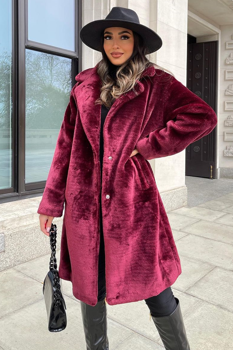 Berry Mid Length Faux Fur Coat - North - Size 8
