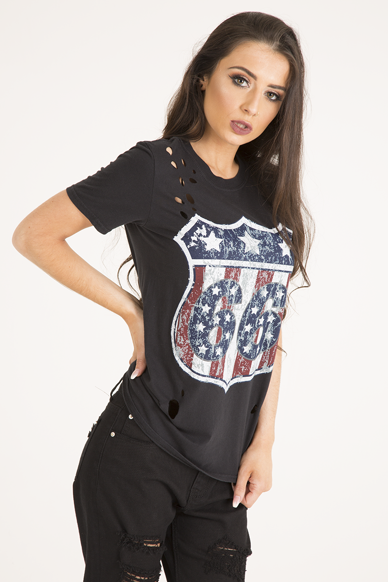 Black '66' Graphic Print Laser Cut Top - Gracie