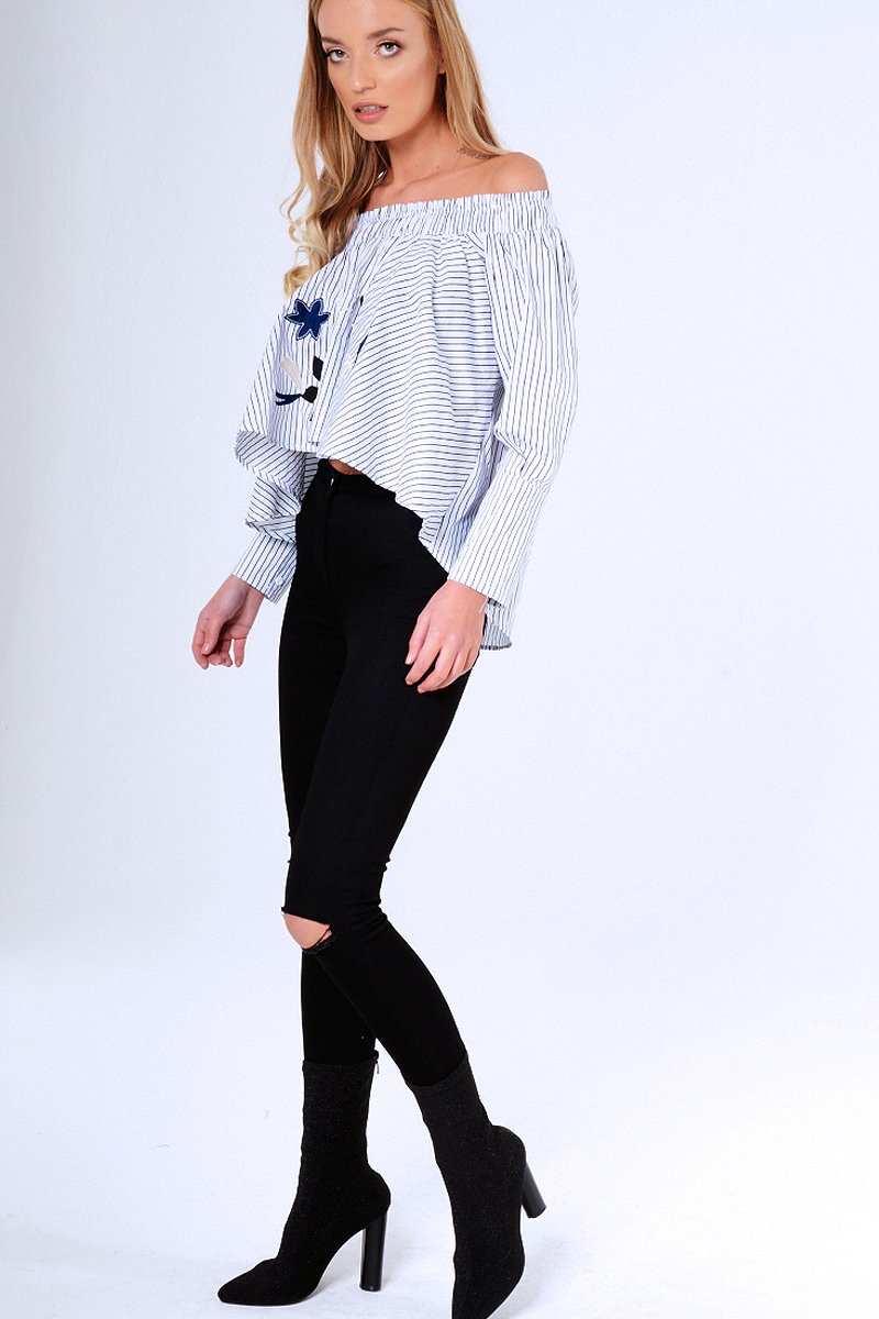 Black And White Stripe Bardot Embroidered Top - Aisling