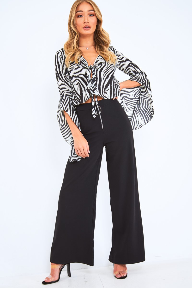 Black And White Zebra  Tie Front Top - Adelei