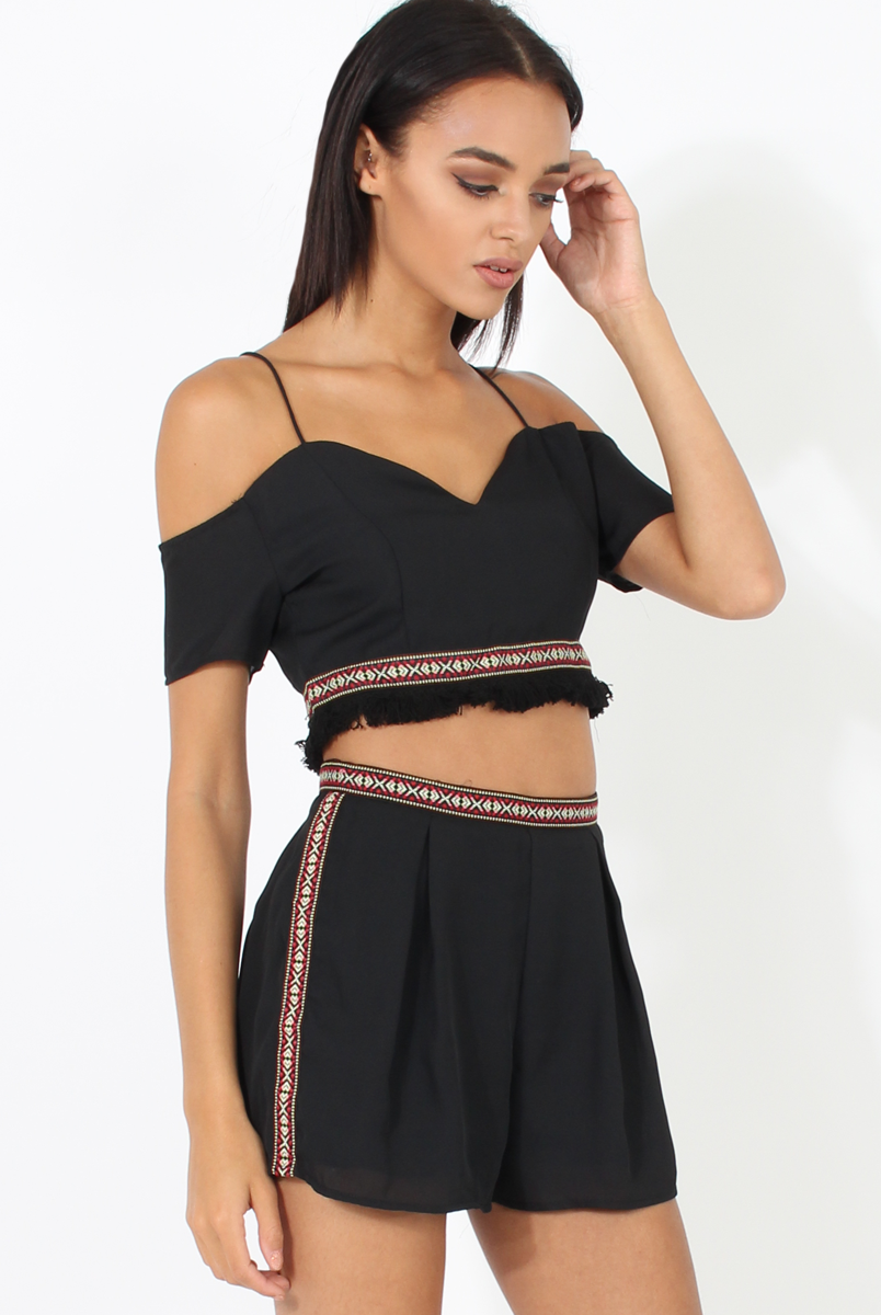 Black Aztec Trim Cold Shoulder Co-ord - Kinsey