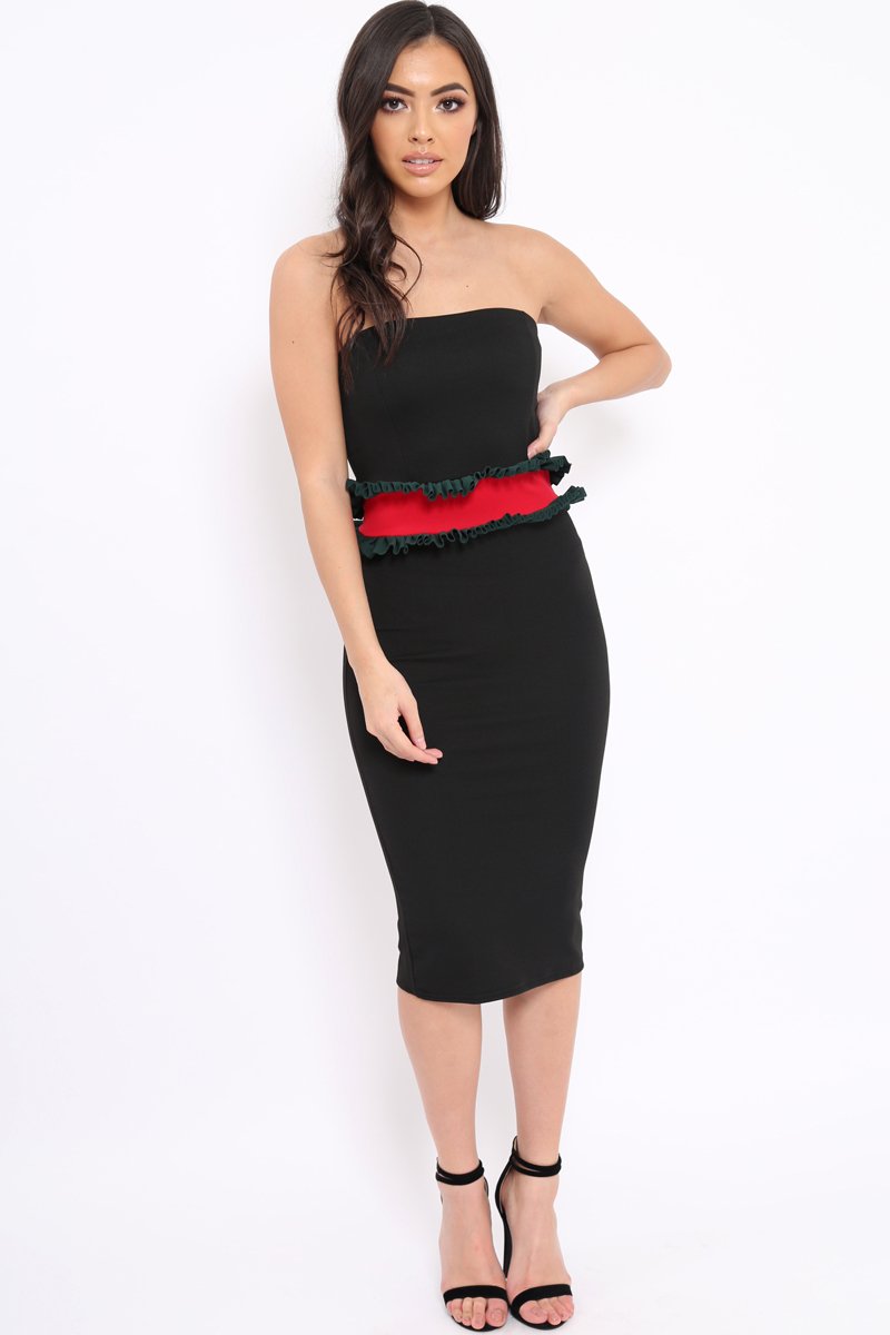 Black Bandeau Ruffle Midi Dress - Leigh