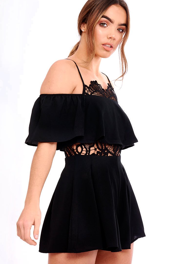 Black Bardot Crochet Frill Playsuit - Jenner