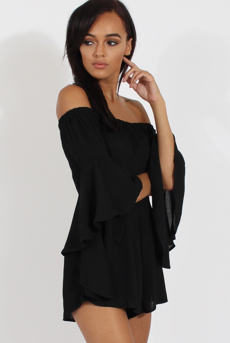 Black Bardot Cropped Bell Sleeve Playsuit - Fabiana