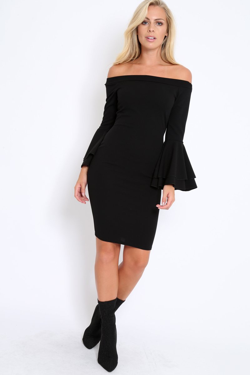 Black Bardot Flared Sleeve Dress - Ebony