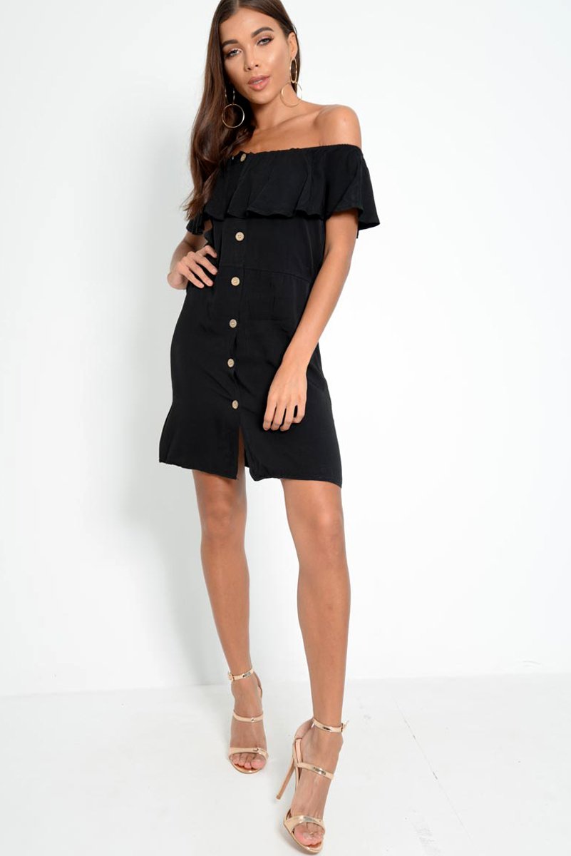 Black Bardot Frill Button Front Dress - Julissa