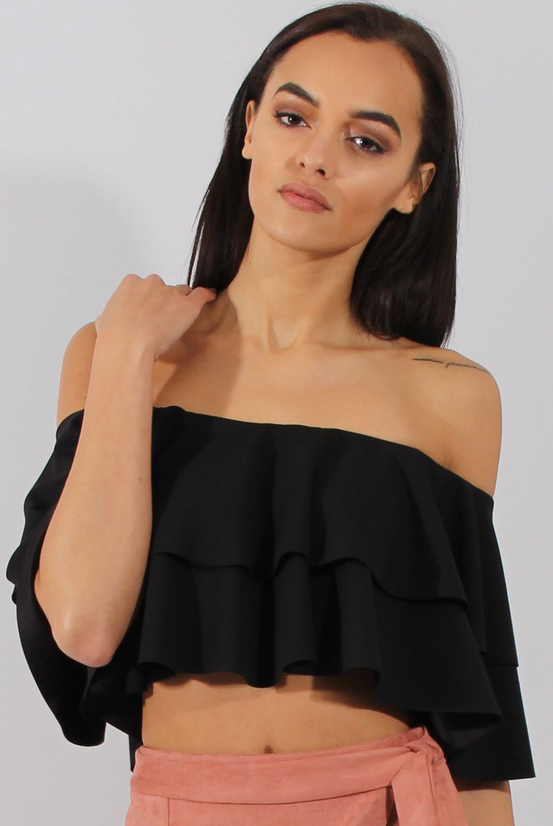 Black Bardot Frill Crop Top - Flissy