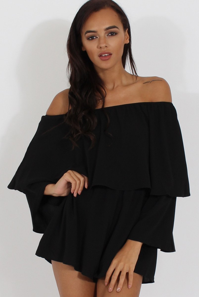 Black Bardot Frill Layer Playsuit - Ema