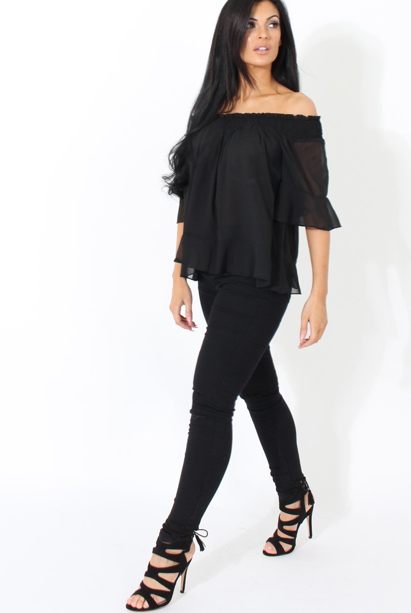 Black Bardot Frill Sleeve Top- Becka