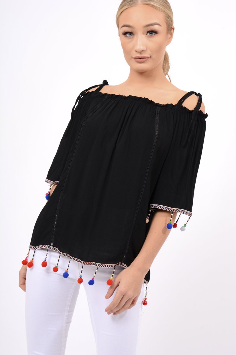 Black Bardot Pom Pom Top - Seren