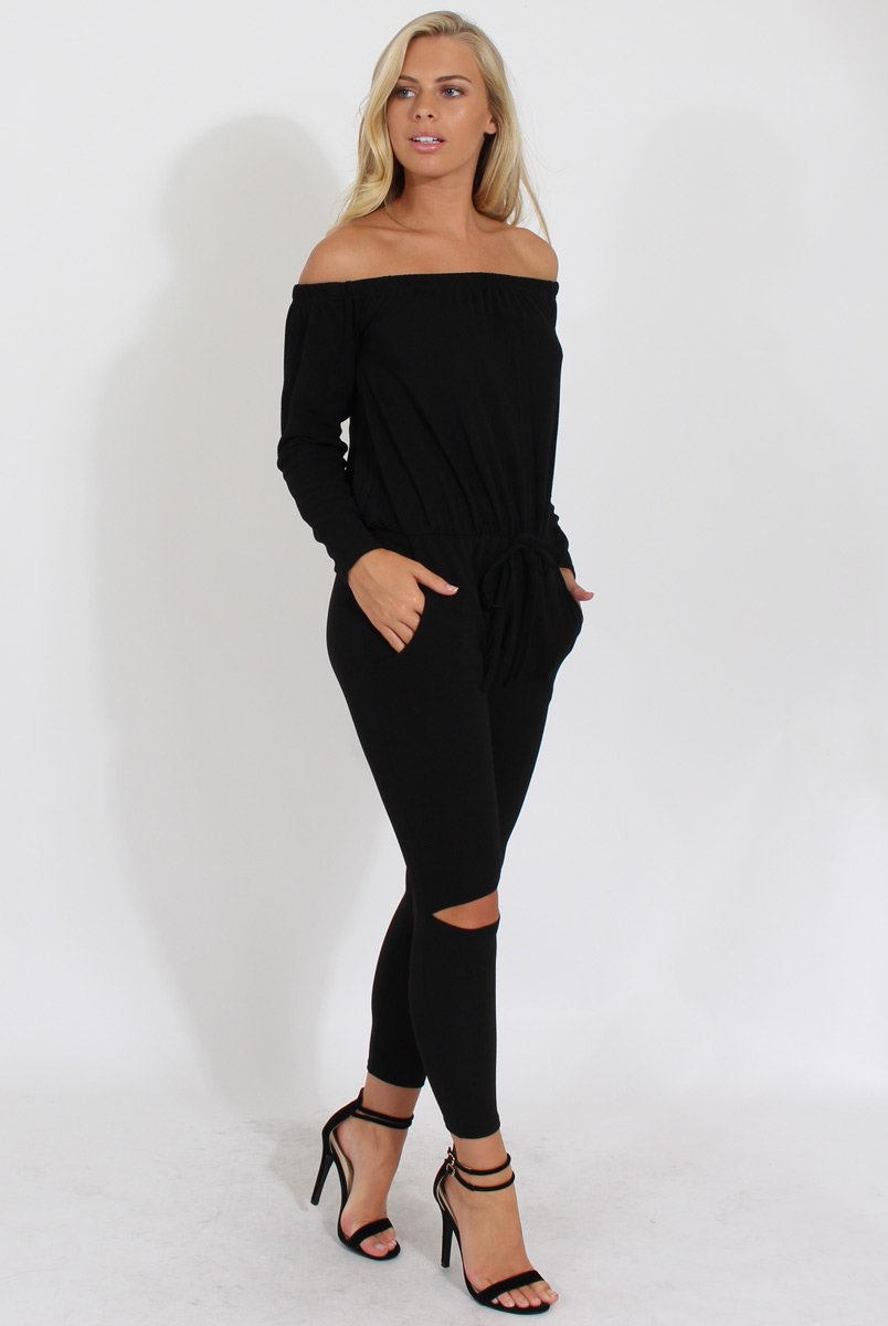 Black Bardot Ripped Knee Jumpsuit - Betty