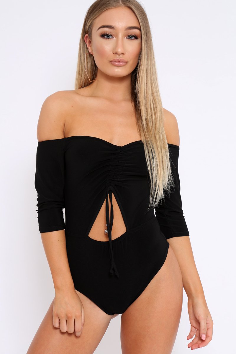 Black Bardot Ruched Front and Cut Out Bodysuit - Olivya