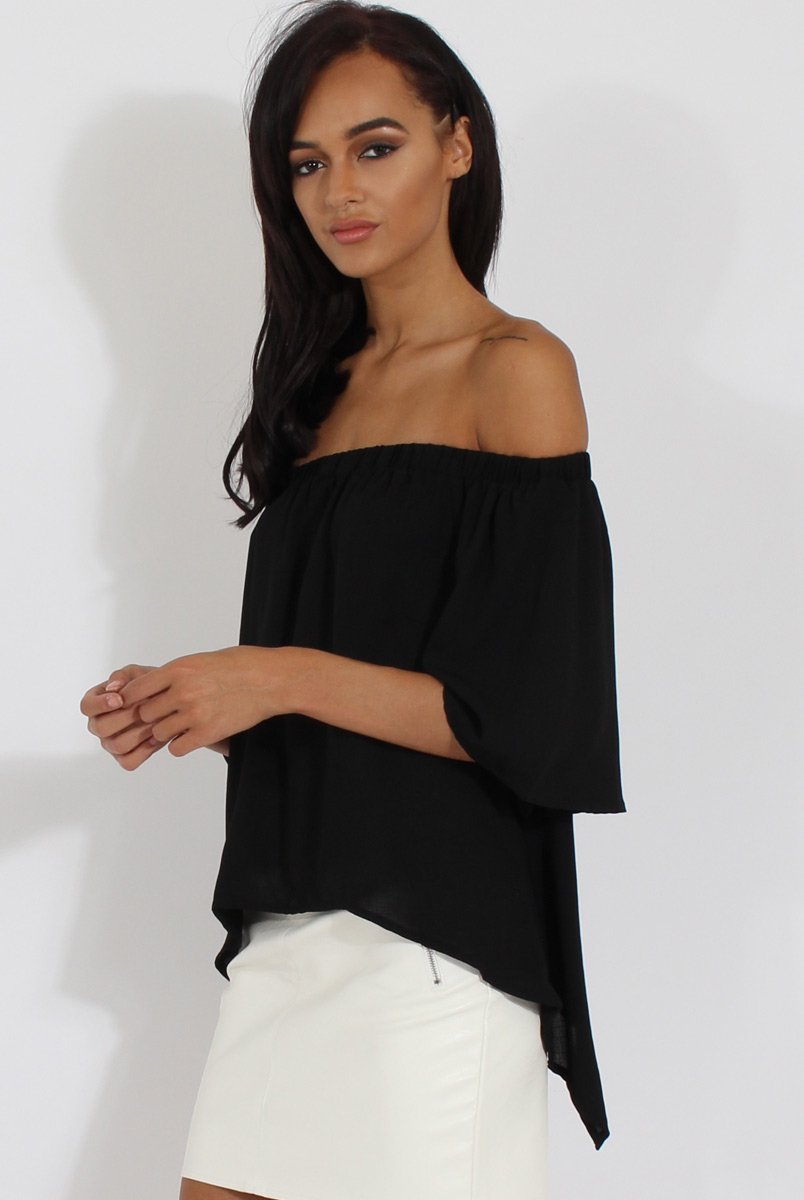 Black Bardot Split Back Dipped Hem Top - Cici