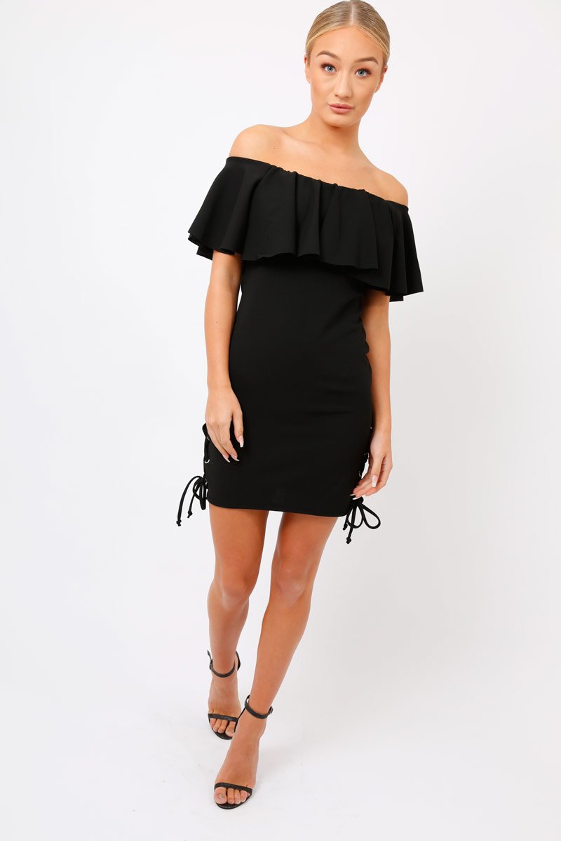 Black Bardot Tie Up Eyelet Dress - Myra