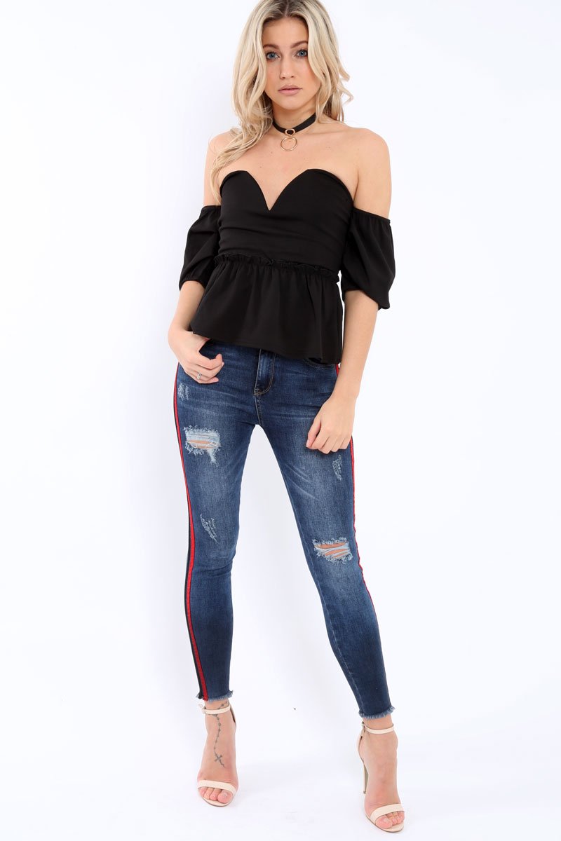 Black Bardot V Plunge Ruffle Hem Top - Norah