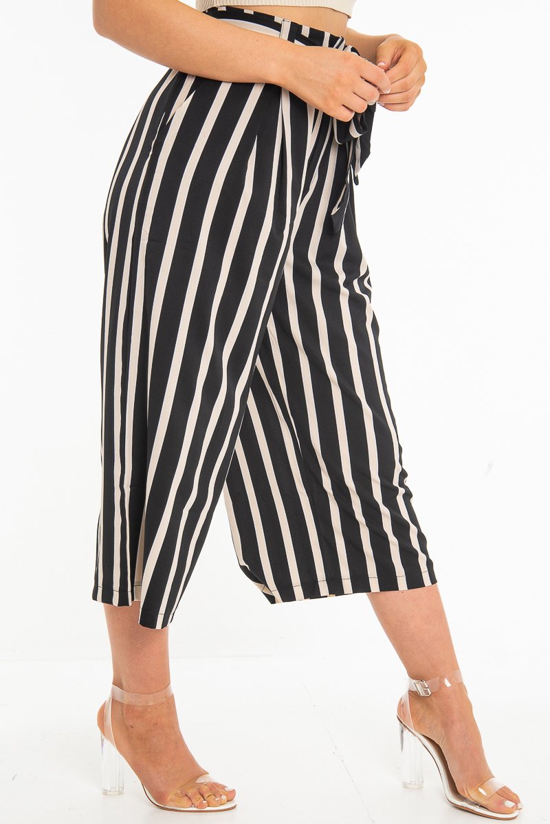 Black Beige Stripe Tie Front Culotte Trousers - Kaden