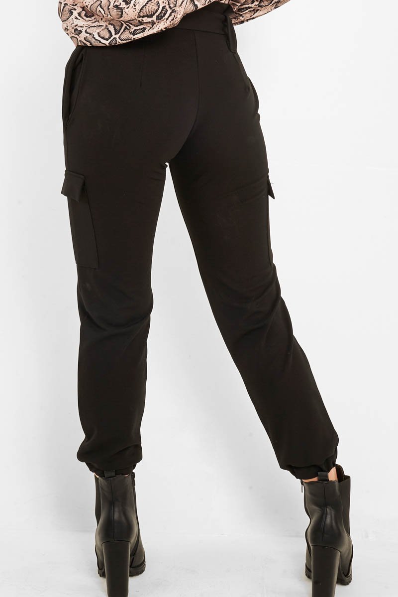 Black Belted Pocket Detail Cargo Trousers - Adalina