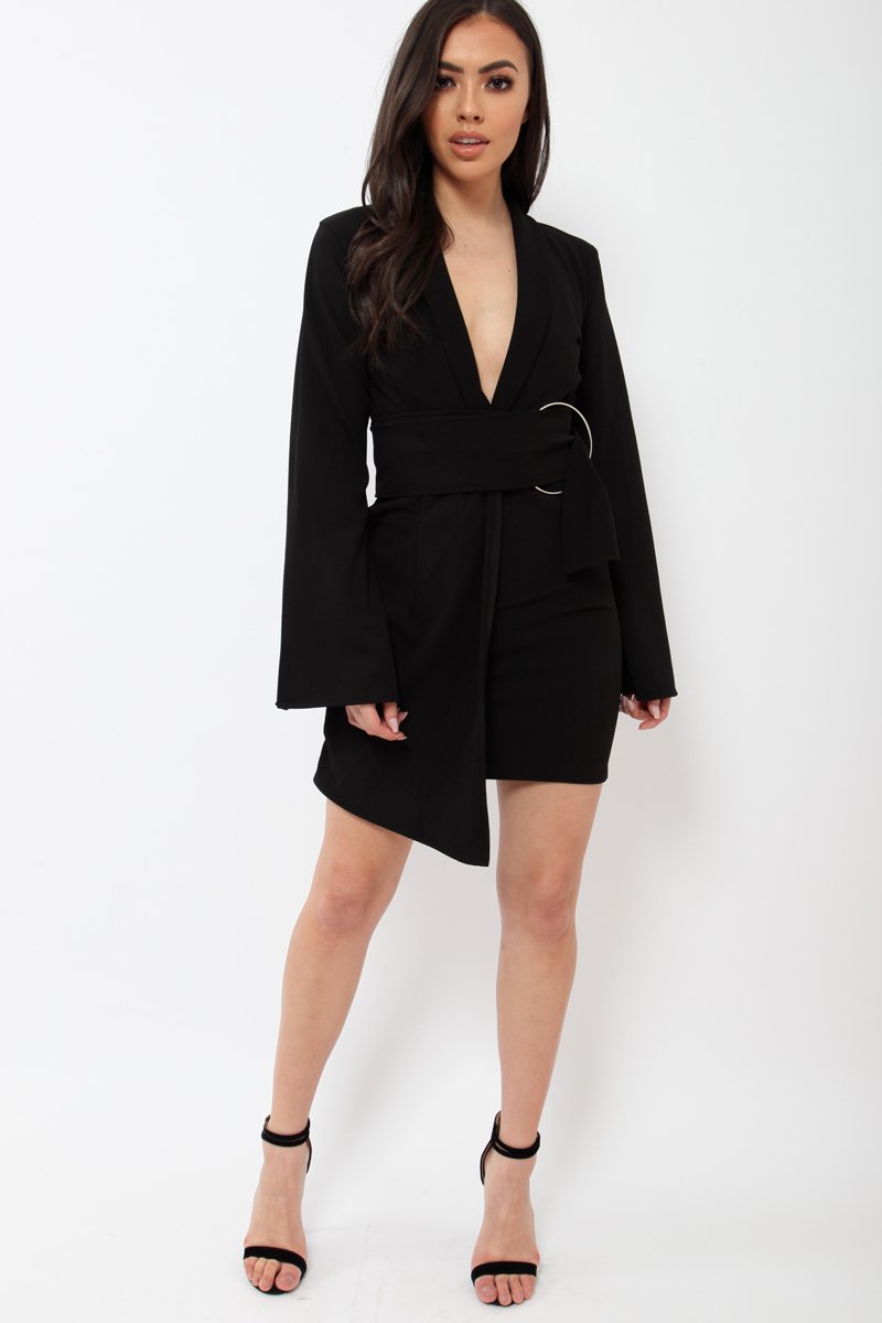 Black Blazer Dress with Ring Belt Detail - Emilie