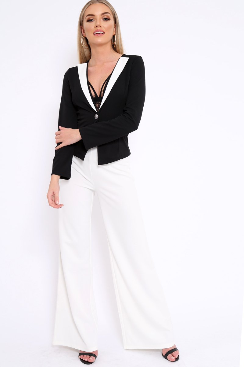 Black Blazer Top with White Contrast Lapels - Ellina