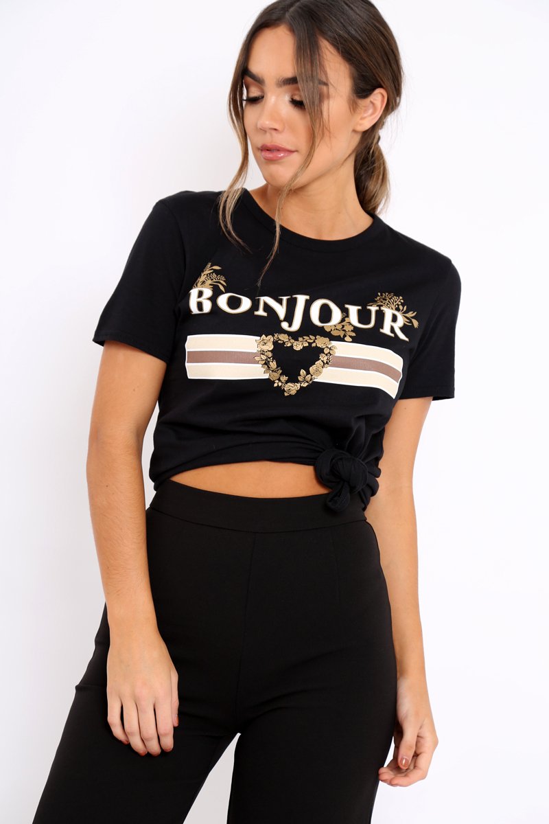 Black Bonjour Slogan T-shirt - Elisabeth