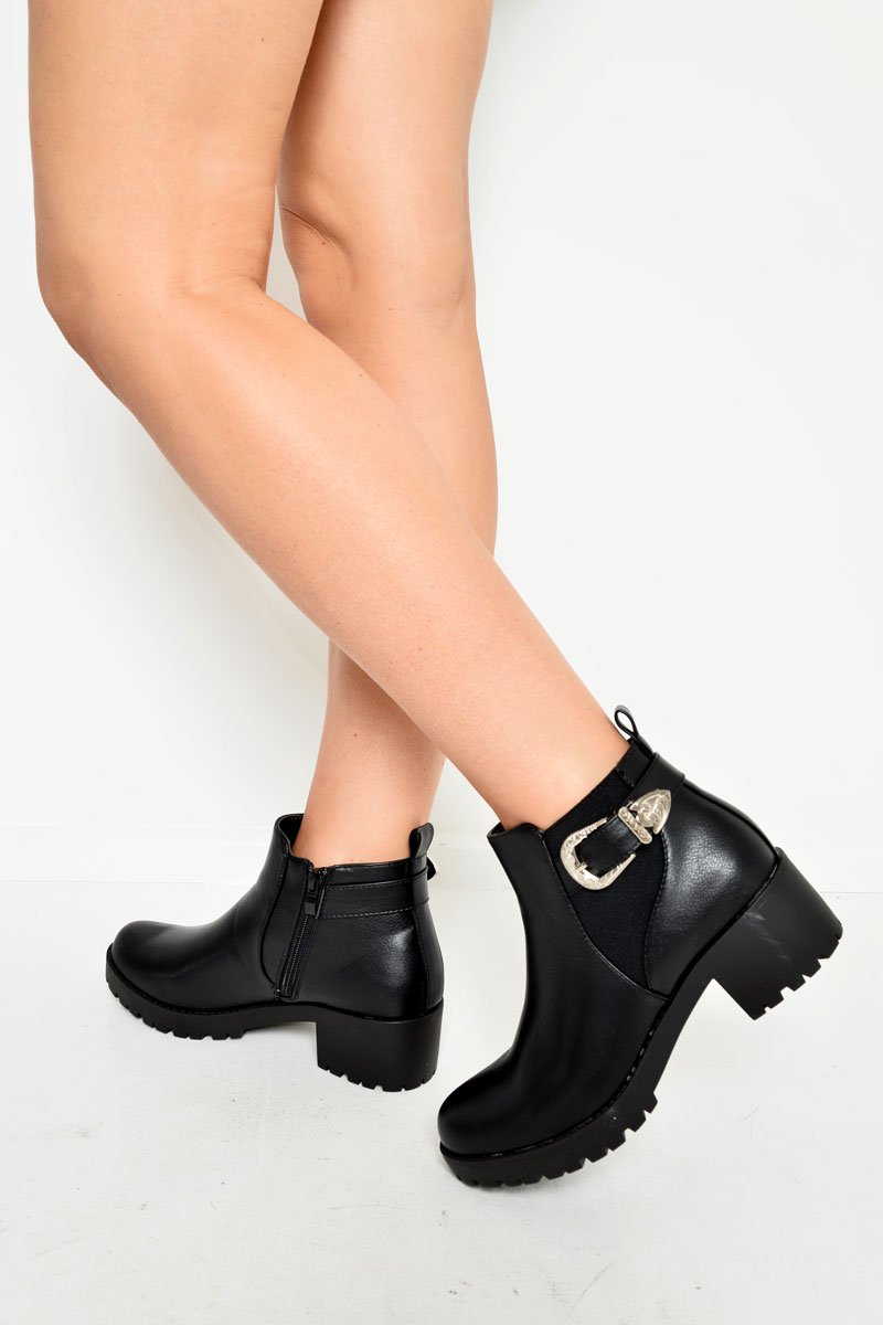 Black Buckle Side Zip Ankle Boots - Jahmiah