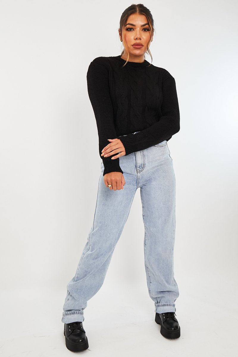 Black Cable Front Round Neck Jumper - Idah