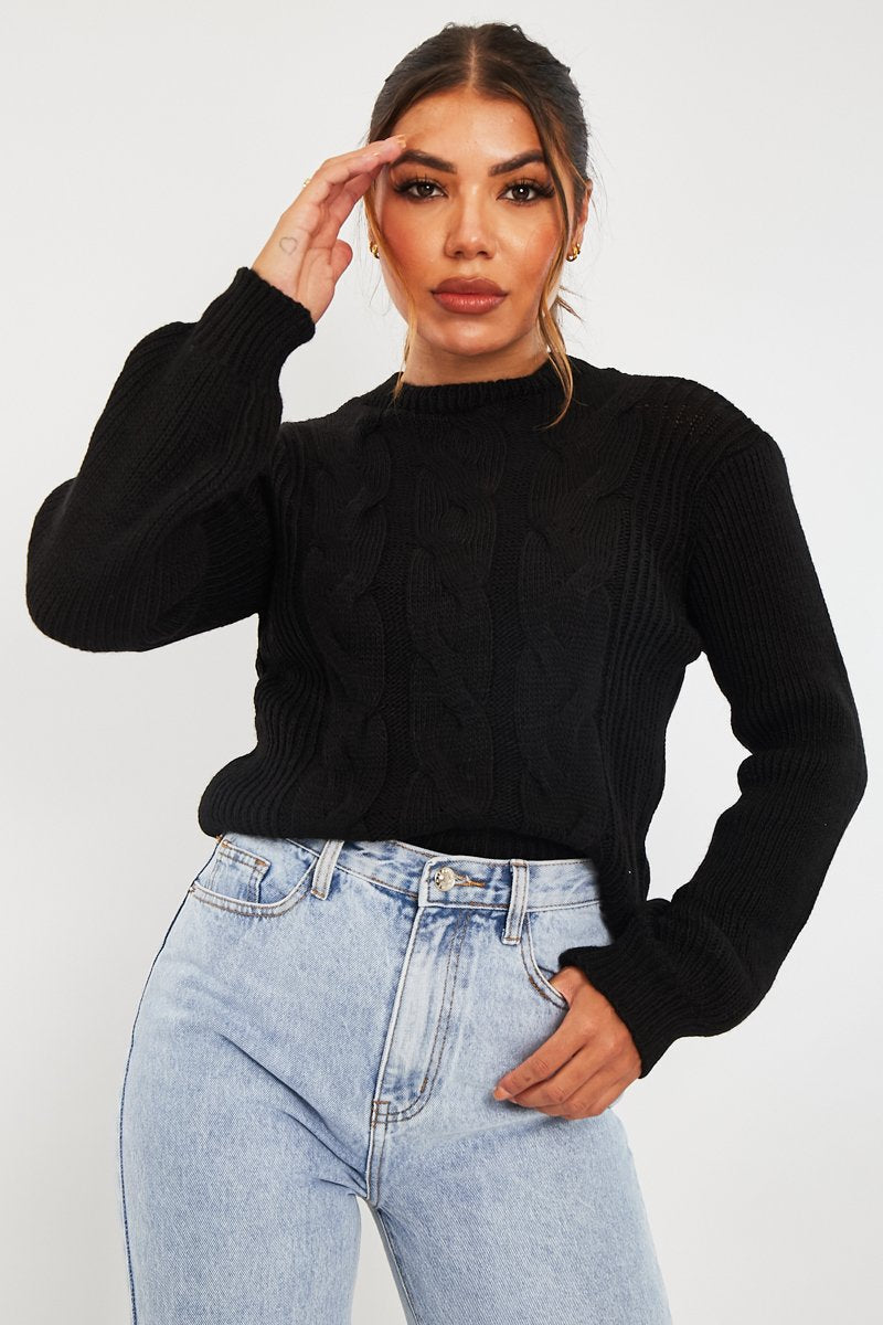 Black Cable Front Round Neck Jumper - Idah