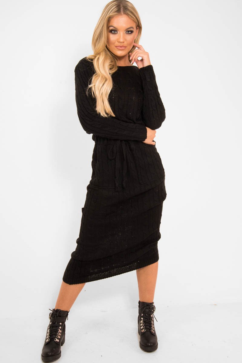 Black Cable Knit Drawstring Waist Dress - Rhea