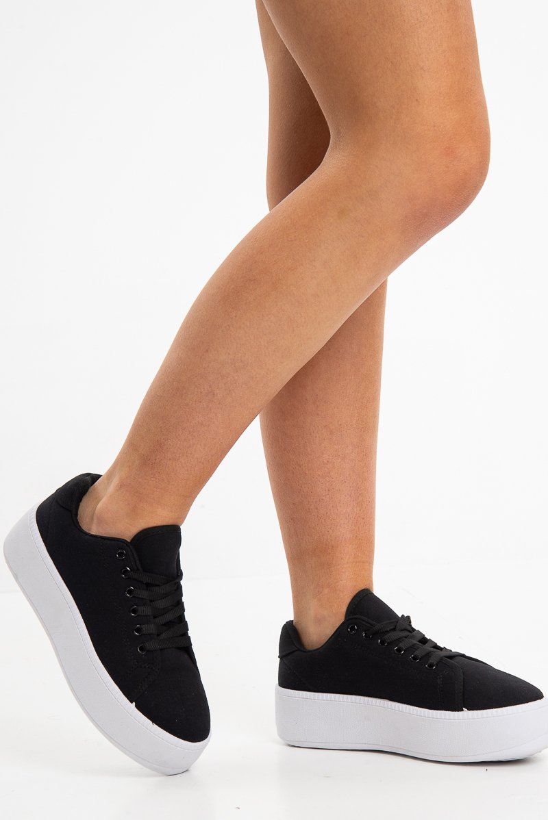 Black Canvas Lace Up Platform Trainers - Carl