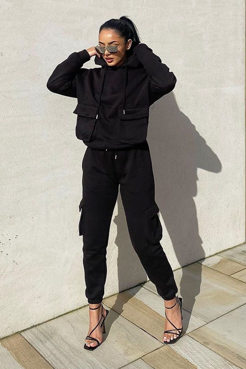 Black Cargo Pocket Hoodie and Joggers Tracksuit - Aafiya