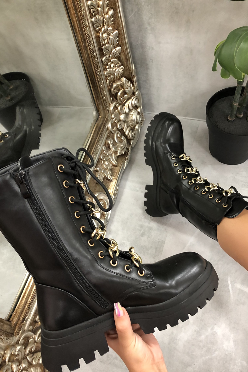 Black Chain Detail Faux Leather Boots - Niska - Size UK 8 / US 10 / EU 41